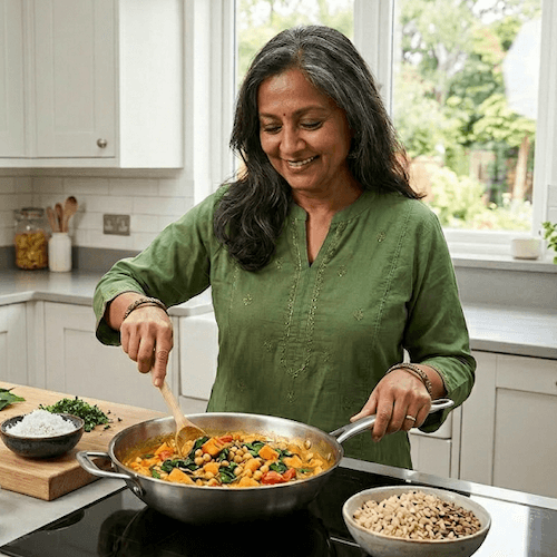 Woman joyfully cooking fresh vegetables in a bright kitchen