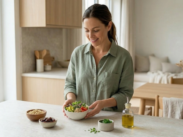 Woman enjoying a healthy salad bowl in a bright modern kitchen