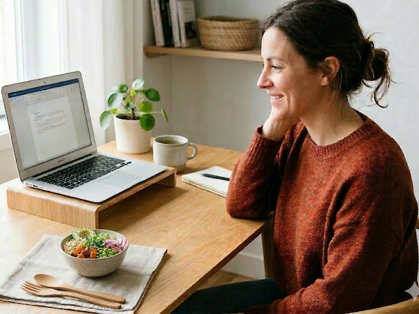 Woman working from home at her desk with a healthy salad bowl beside her laptop
